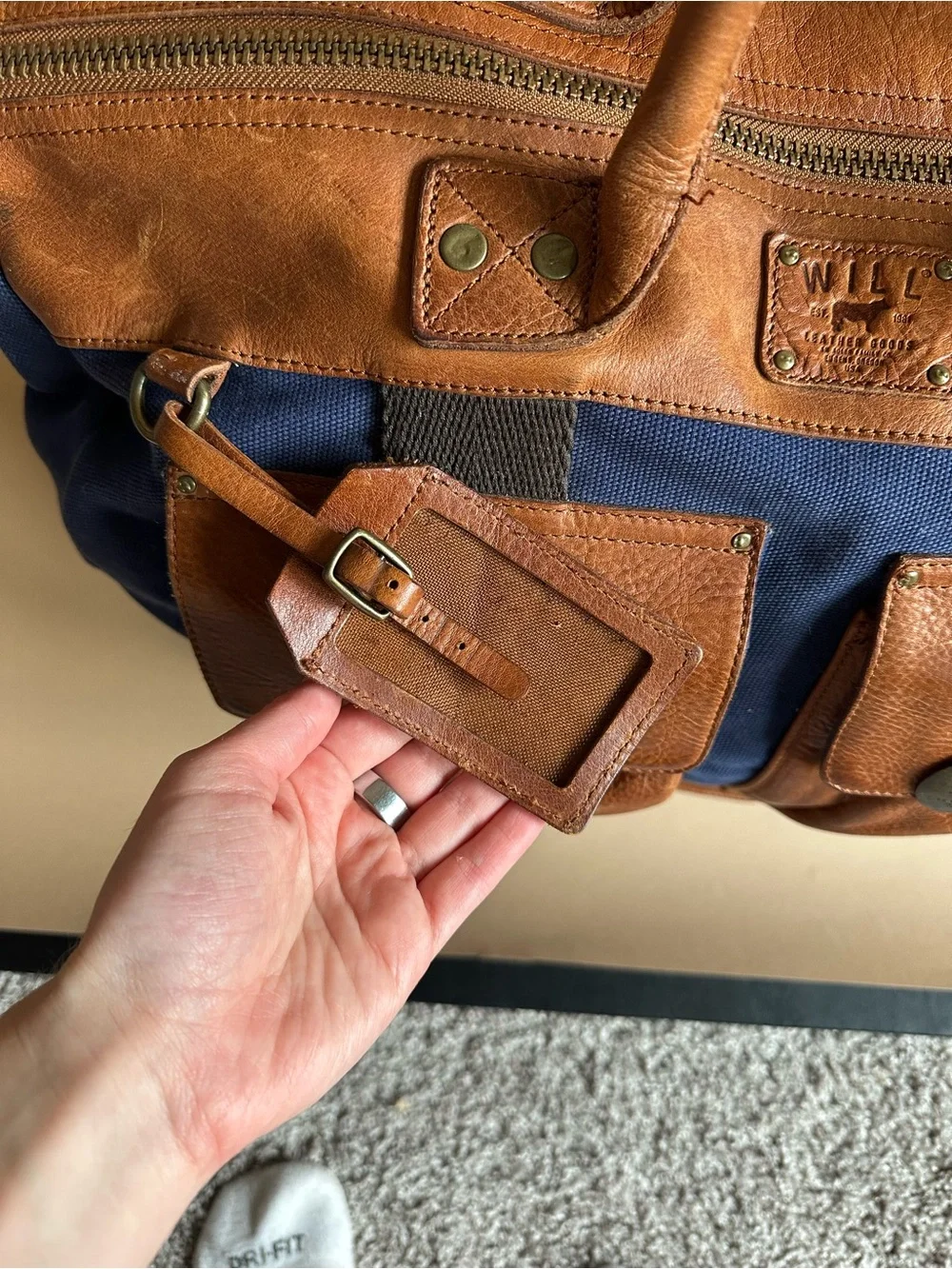 Will Leather Goods Blue Canvas Leather Duffel Bag Shoulder Strap Travel